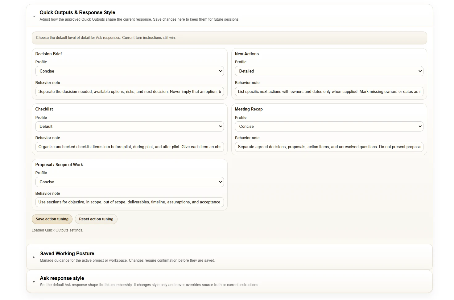 Quick Outputs and response-style customization