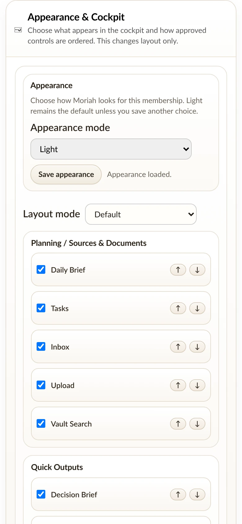 Responsive Moriah Customize appearance controls